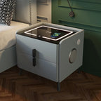 Solid Wood Smart Bedroom Nightstands Moder Style 2 Drawers Multifunction Storage Cabinet Faux Leather Bedside Table