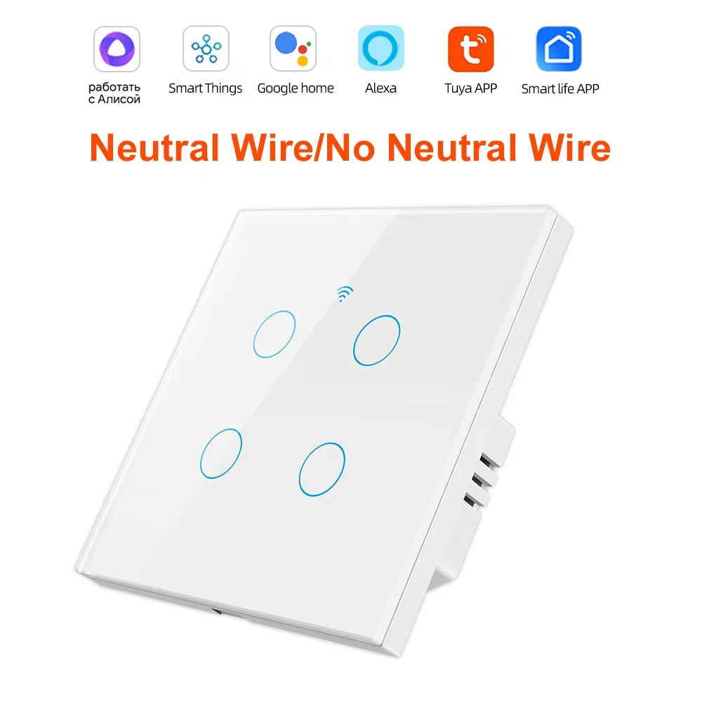 1 2 3 4 Gang WiFi RF 433mhz Touch Wall Light Smart Wireless with Switch Button 220V with no Neutral EU Tuya Alexa Google