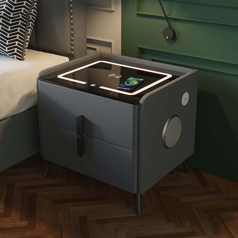 Solid Wood Smart Bedroom Nightstands Moder Style 2 Drawers Multifunction Storage Cabinet Faux Leather Bedside Table