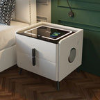 Solid Wood Smart Bedroom Nightstands Moder Style 2 Drawers Multifunction Storage Cabinet Faux Leather Bedside Table