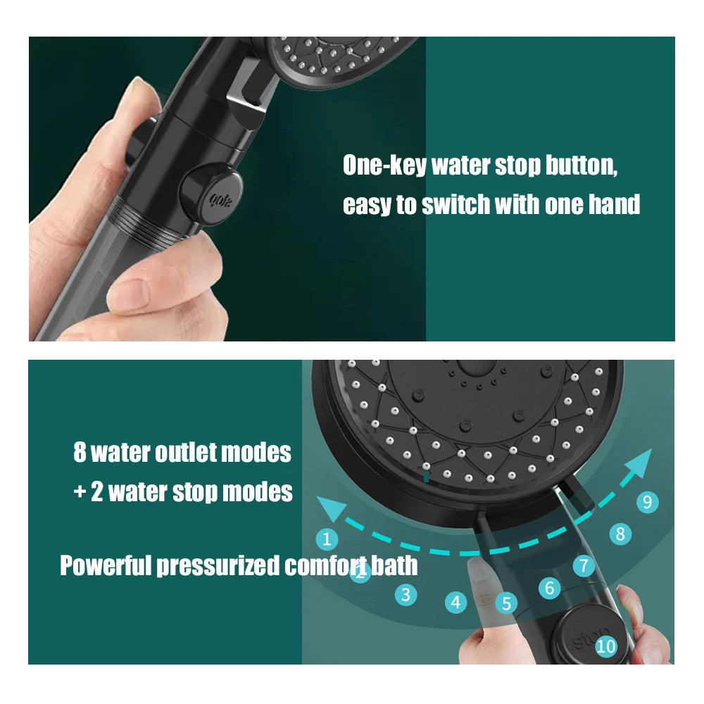 10 Spray Filtered Shower Head High-Pressure Handheld Water Saving Showerhead Fall Resistance Black White Bathroom Shower Nozzle