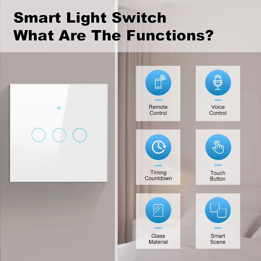 1 2 3 4 Gang WiFi RF 433mhz Touch Wall Light Smart Wireless with Switch Button 220V with no Neutral EU Tuya Alexa Google
