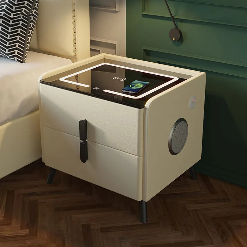 Solid Wood Smart Bedroom Nightstands Moder Style 2 Drawers Multifunction Storage Cabinet Faux Leather Bedside Table